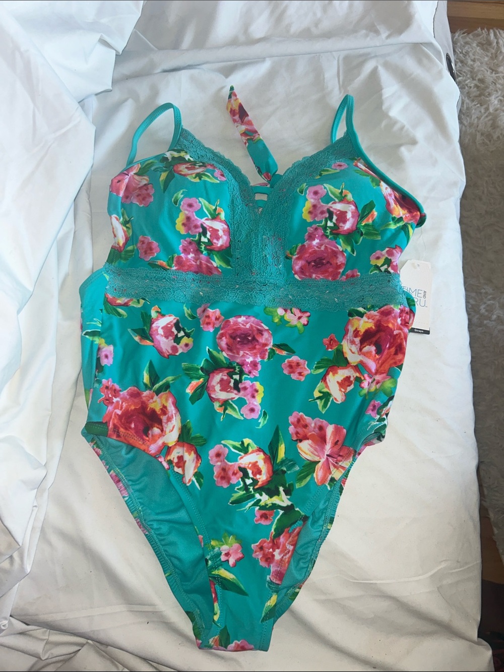 Teal Floral Lace Trim One-Piece Swimsuit